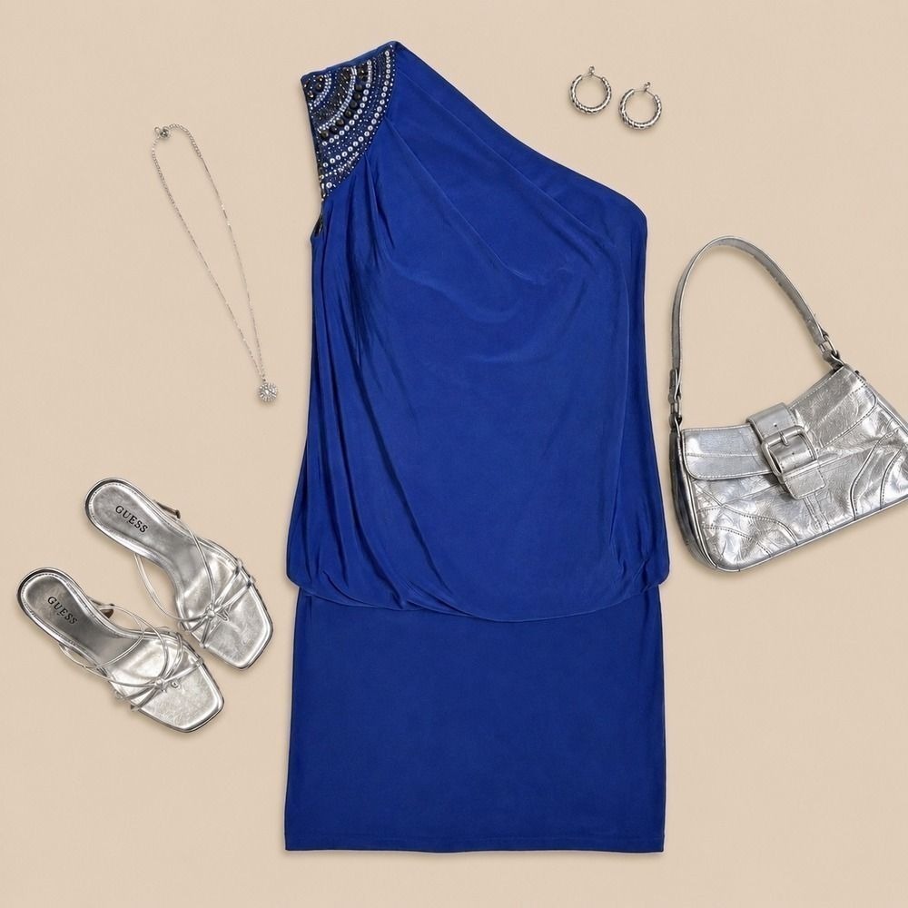 Vintage 1990's Cache One Shoulder Cobalt Blue Dress Embellished Shoulder Size 2